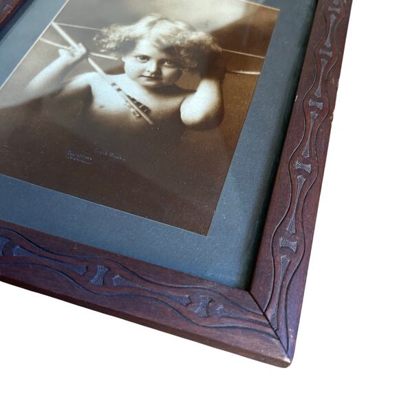 Antique Cupid Awake 1897 Black & White Print M. B. Parkinson carved wood frame - Picture 6 of 13